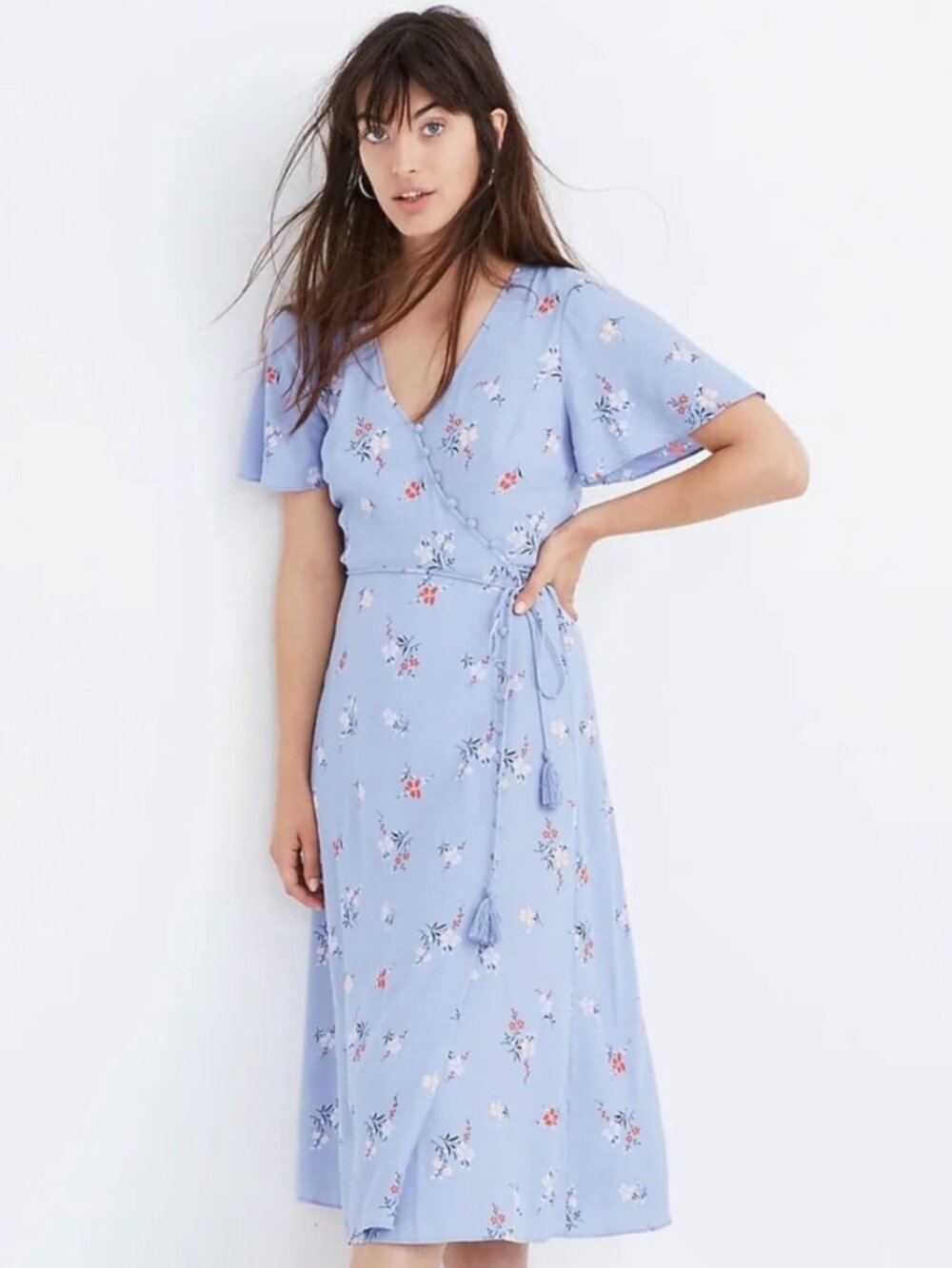 Madewell Blue Floral Faux Wrap Midi Dress Size 6 Button Detail
